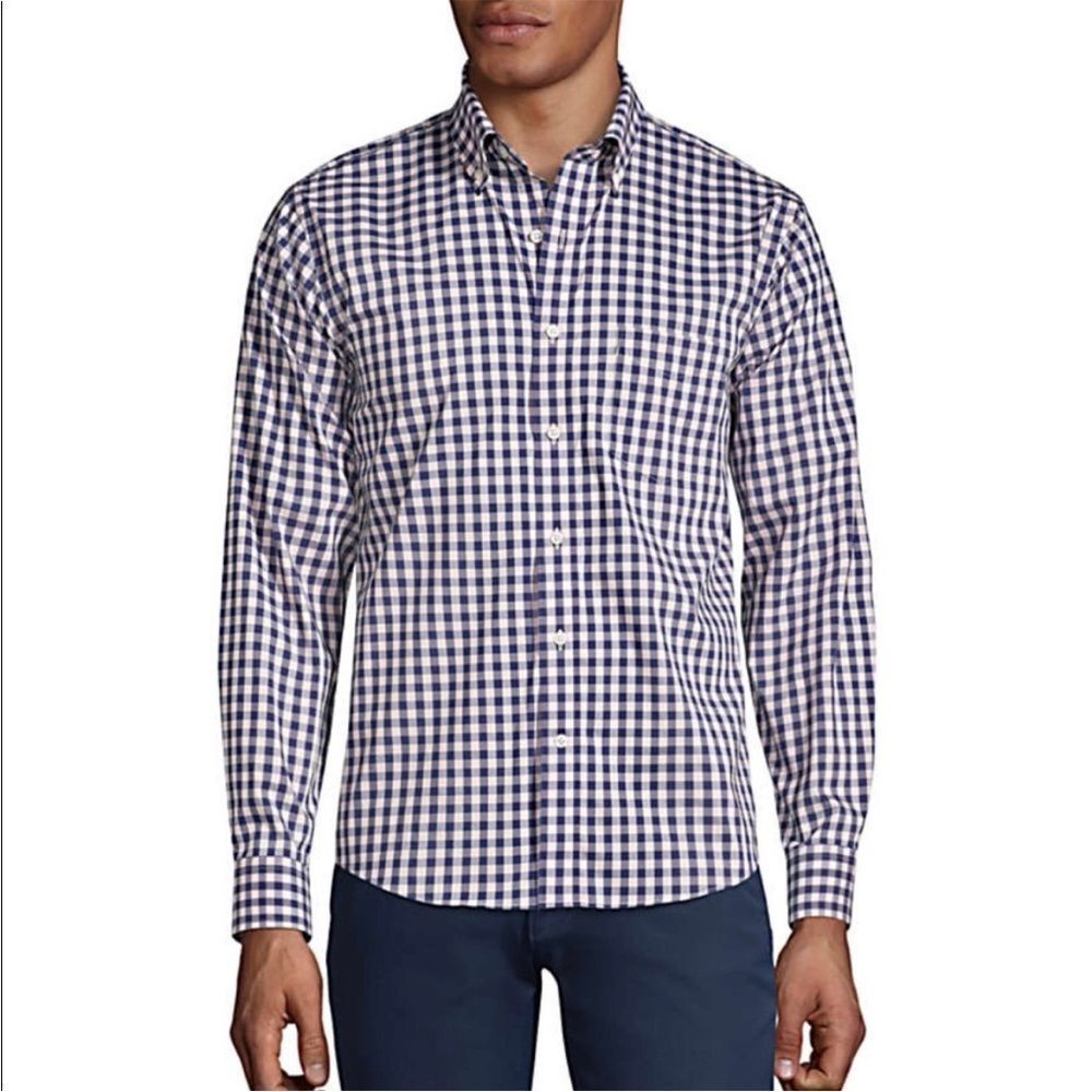 Lands' End Men’s Blue White Check Long Sleeve Button-Down Shirt Traditional Fit